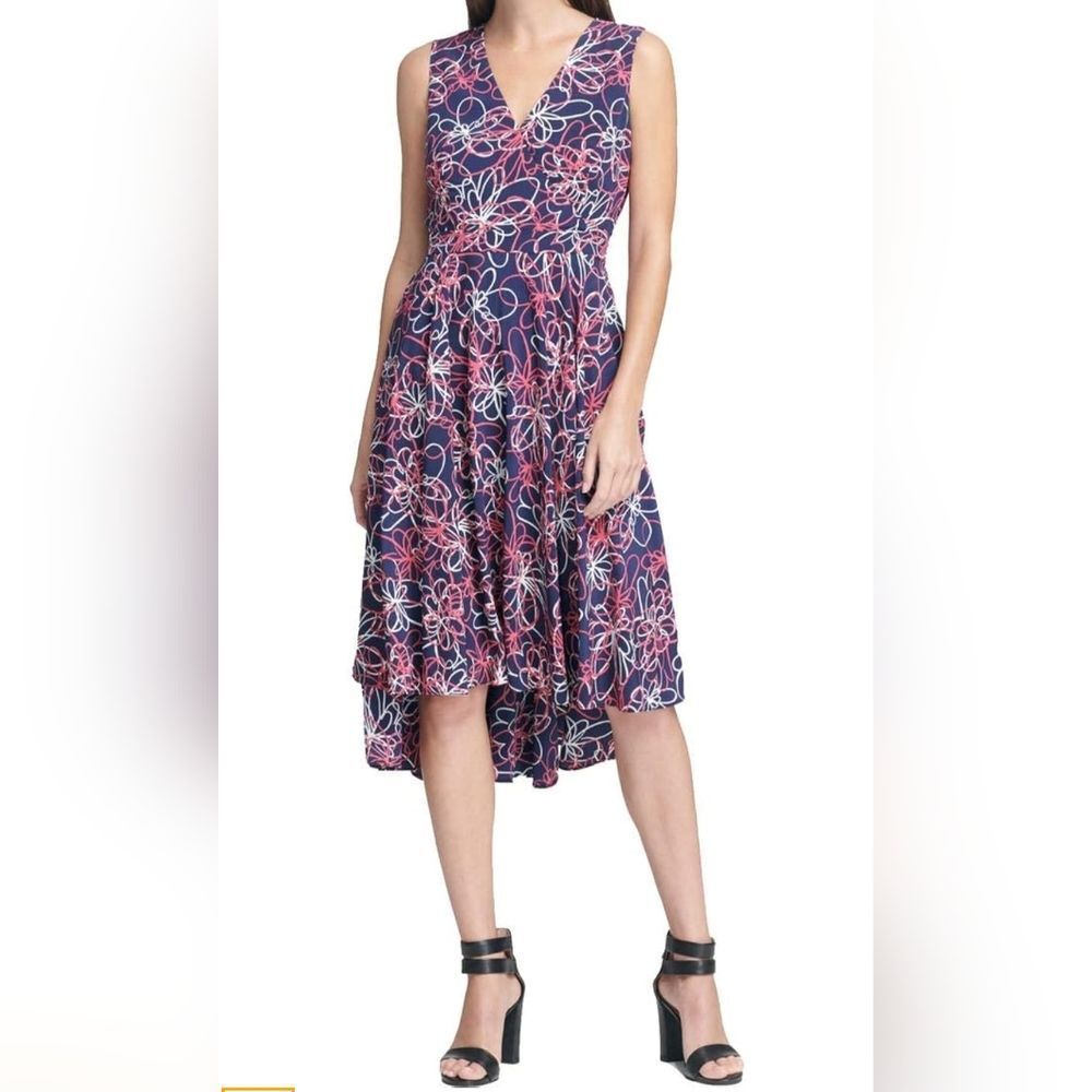 DKNY Dress Size 2 NWOT Navy with Pink and Cream Flowers High-Low hem w/ Pockets